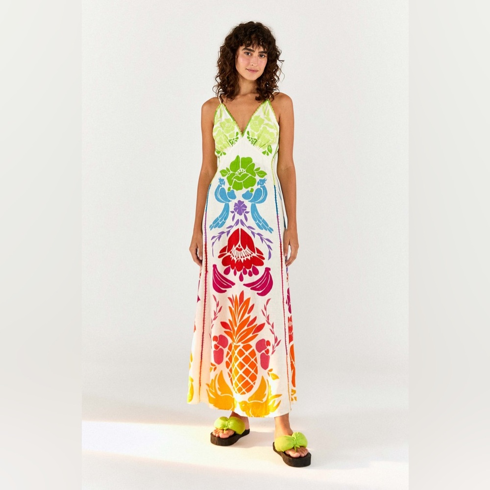 Farm Rio Tropical Graphic Maxi Dress Sz M Multicolor NWT - Picture 11 of 15